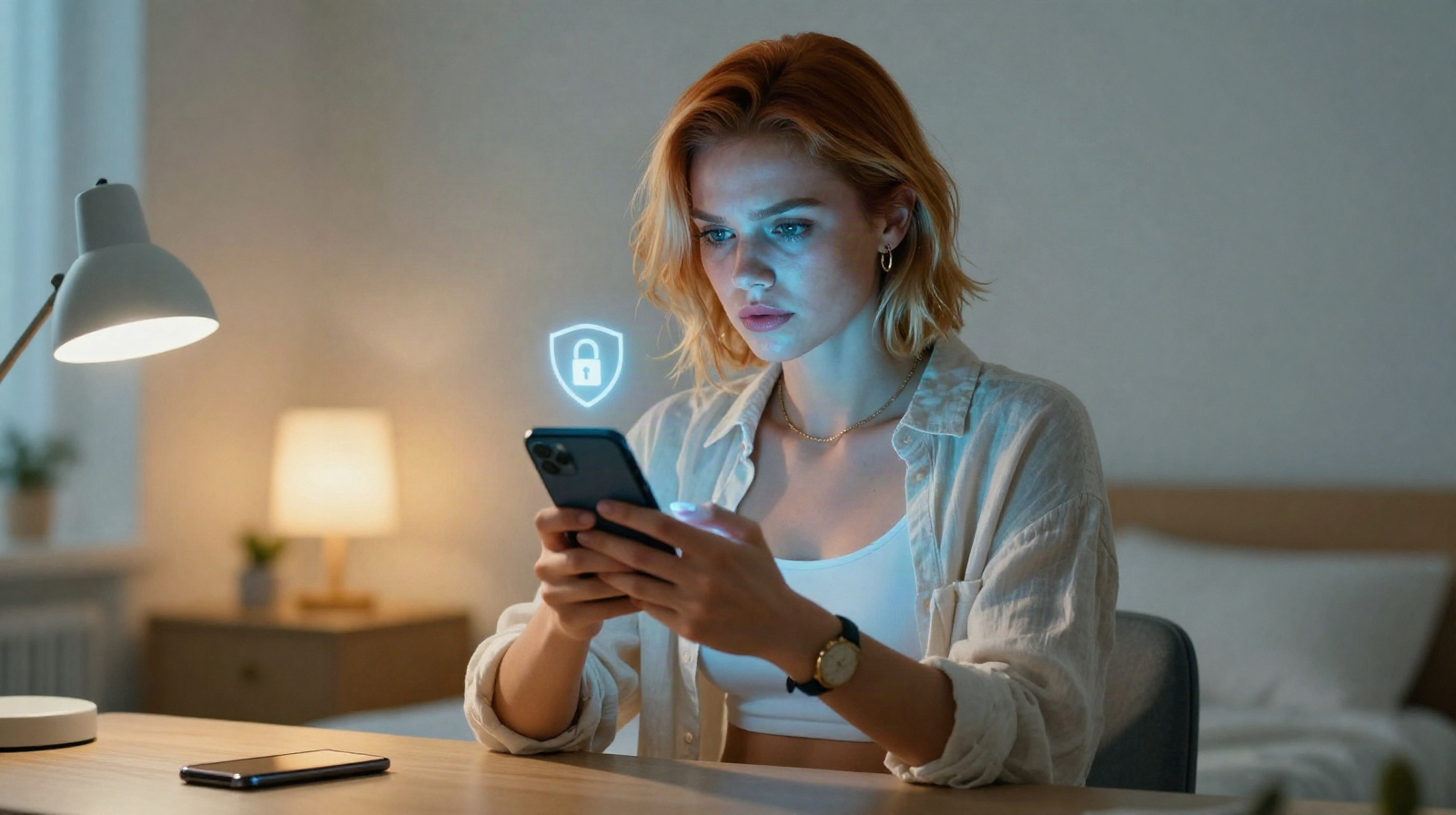 Женщина анализирует критерии безопасности мессенджера при выборе платформы для обмена приватным контентом