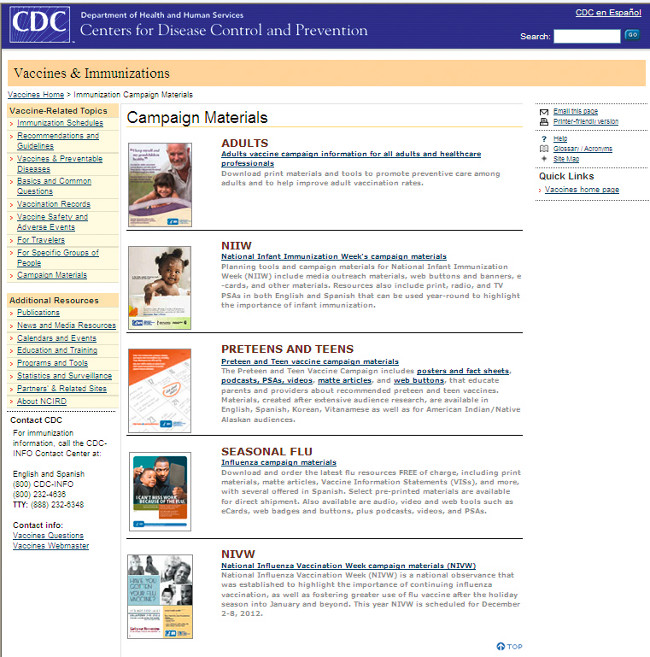 Интернет-портал американского CDC, посвященный пропаганде вакцинации (страницы адресованы родителям)   Рис